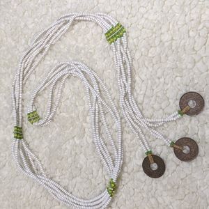 25" beaded boho necklace with dangling coins.
